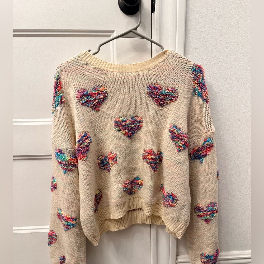SHEIN Cream Sweater with Multicolor Heart Accents